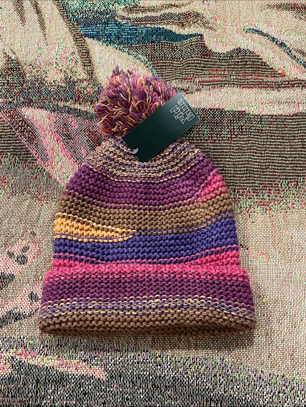Wild Fable Women’s Colorful Striped Knit Crochet Pom Pom Beanie Hat